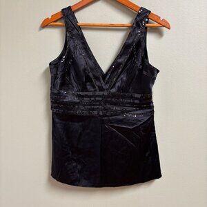 Bebe Womens Silk Y2K Top Size L Babydoll Whimsigoth Black Sequin Sleeveless